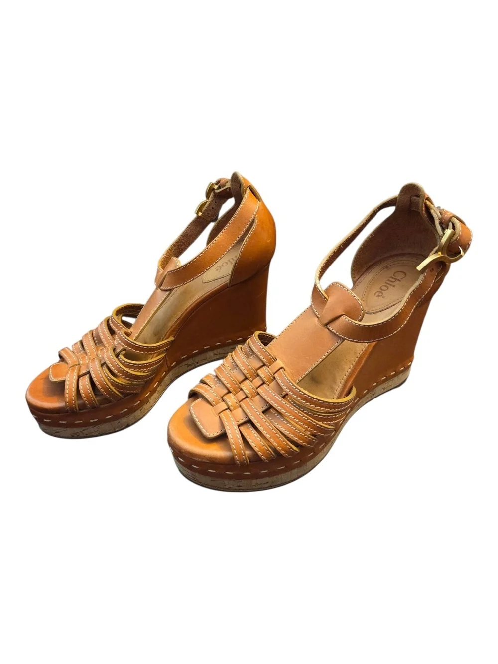 Chloe Tan Tucson T-Strap Woven Leather Cork Wedge Sandals - Size 38 (USA 7.5)